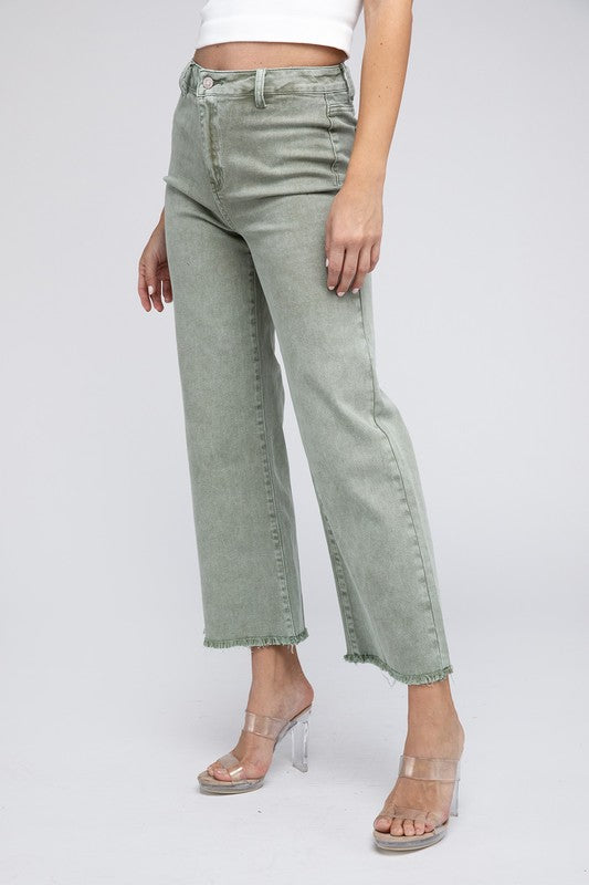 Acid Wash Frayed Cutoff Hem Straight Wide Pants