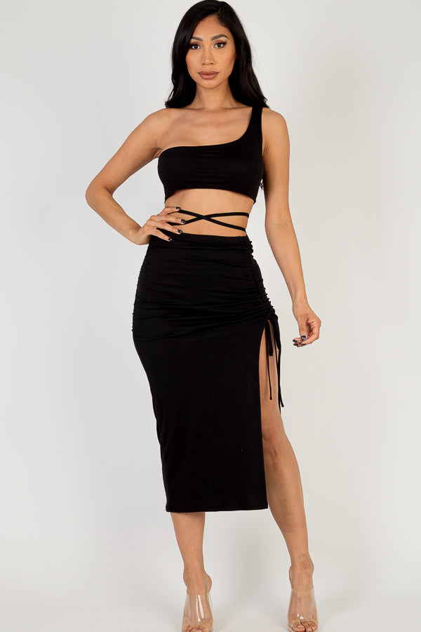 One Shoulder Slit Hem Skirt set Back