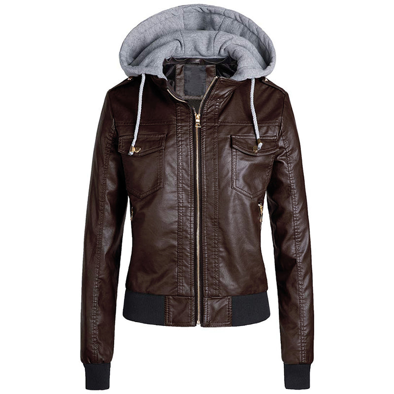 Hooded Zipper Thick Leather Jacket