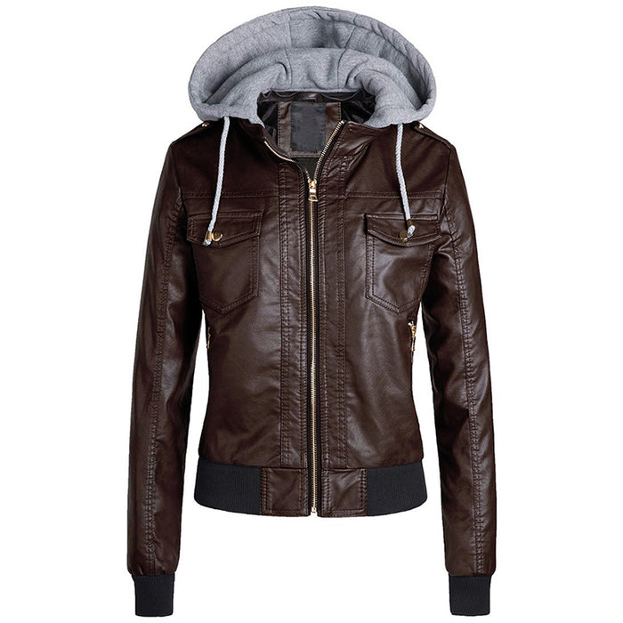 Hooded Zipper Thick Leather Jacket