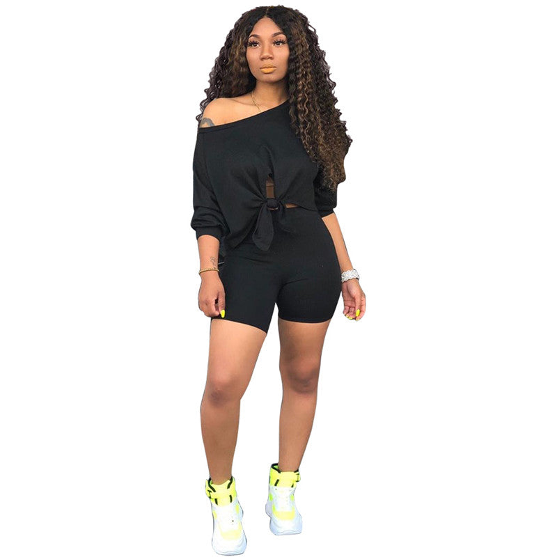 Black off Shoulder Crop Top Shorts Set