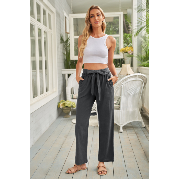 Grey Elastic Waist Drawstring Wide Leg Pants