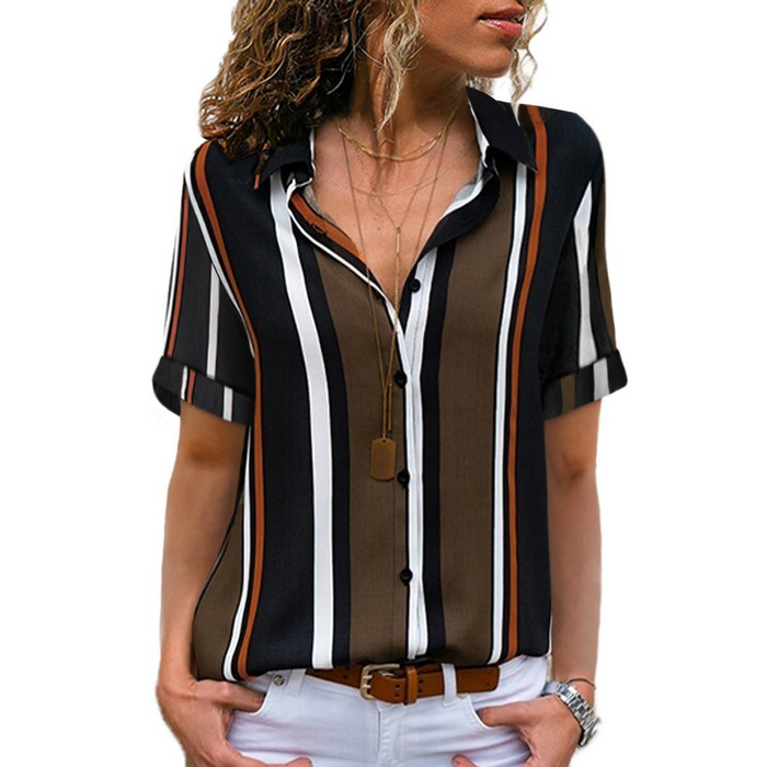 Black Brown Striped Short Sleeve Button Up Shirt