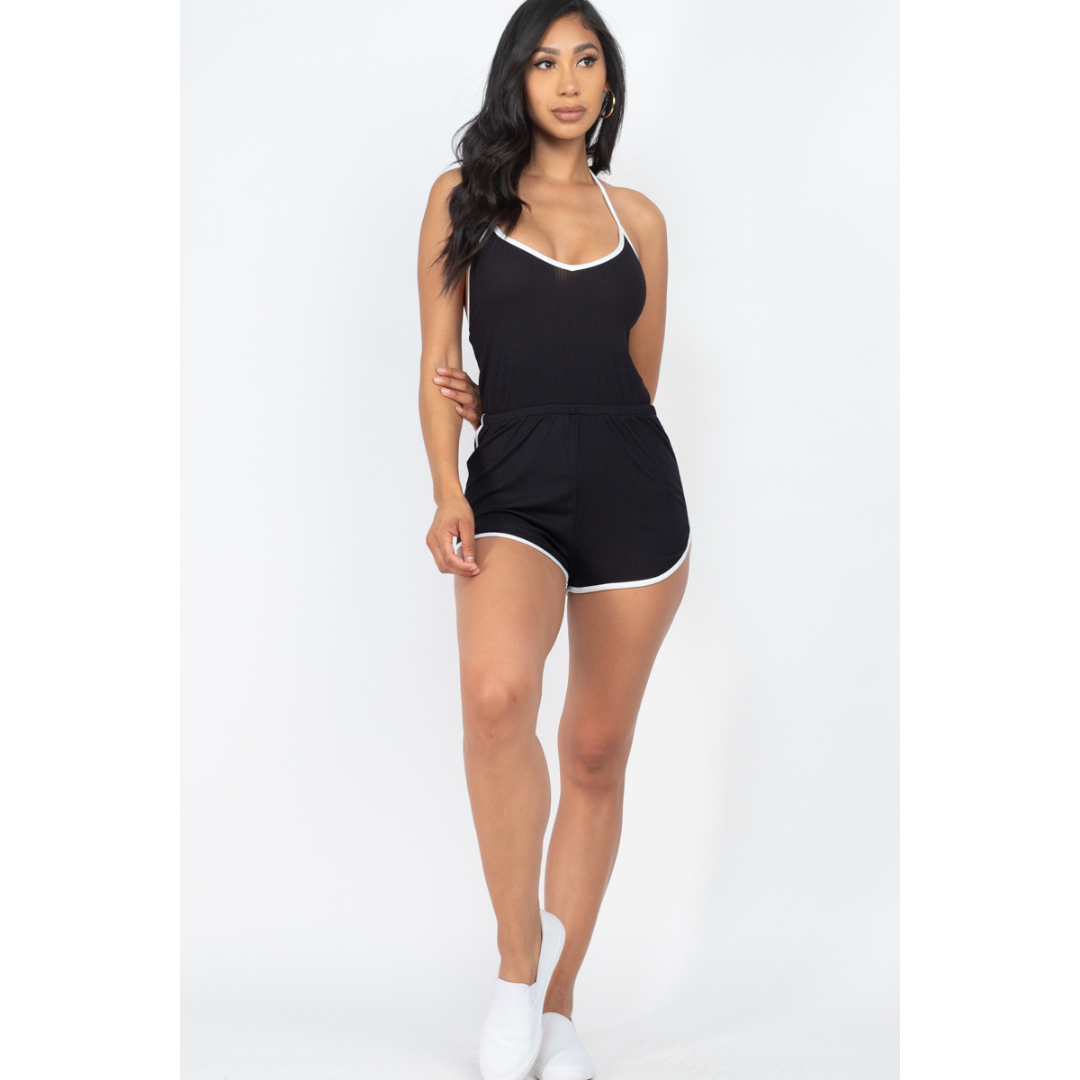 HALTERNECK RIBBED KNIT ROMPER