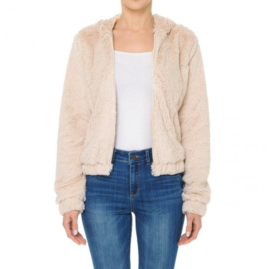 FAUX FUR HOODED BOMBER JACKET