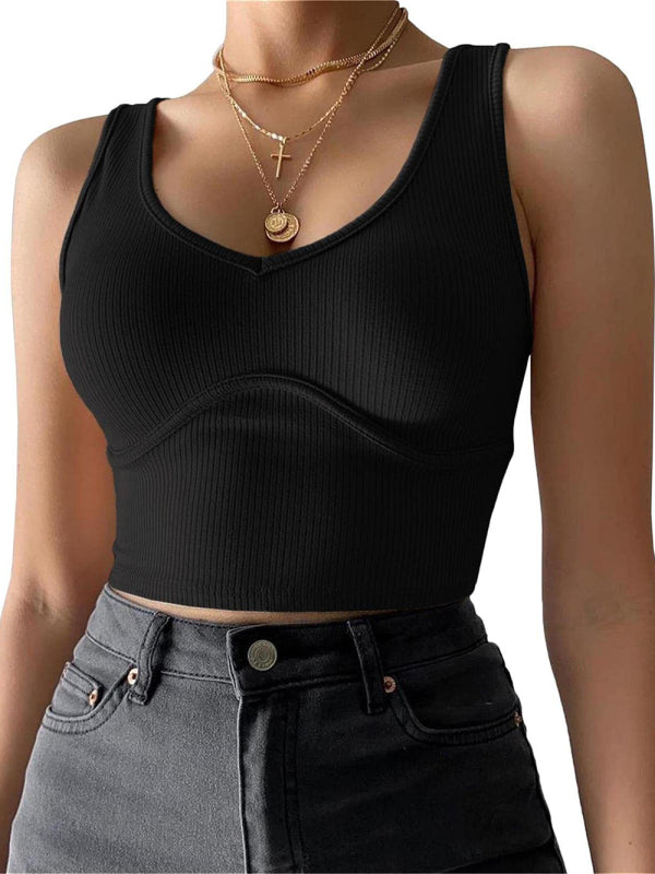 Women's V-Neck Stitching Stretch Solid Color Knit Tank Top